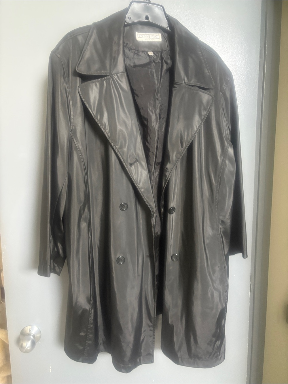 Dress Barn Black Faux Leather Double-Breasted Trench Coat